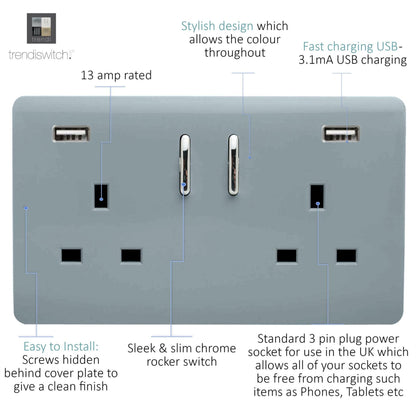 Trendi Switch 2 Gang USB 3100mA Plug Socket in Cool Grey