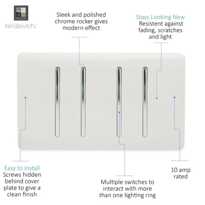 Trendi 4 Gang (2 Way & 1x Intermediate) 10 Amp Rocker Light Switch Matt White - ART-SS2229MWH