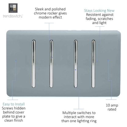 Trendi Switch 4 Gang Light Switch (3x 1 or 2 Way & 1 x Intermediate)in Cool Grey