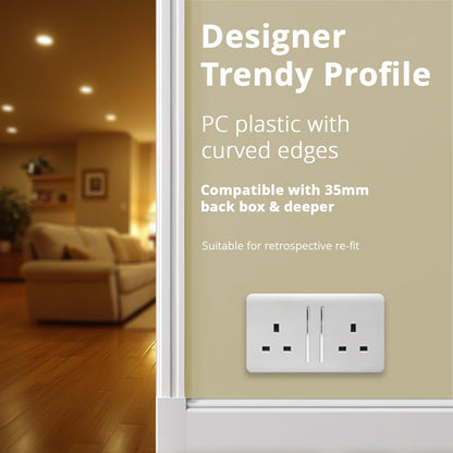 Trendi Switch 2 Gang Long Switched Plug Socket in Ice White