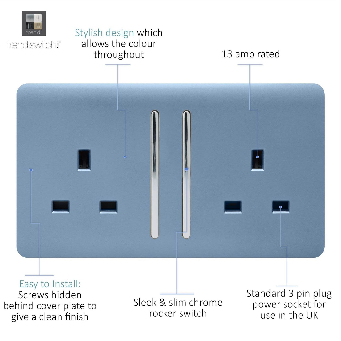 Trendi Switch 2 Gang Long Switched Plug Socket in Sky Blue