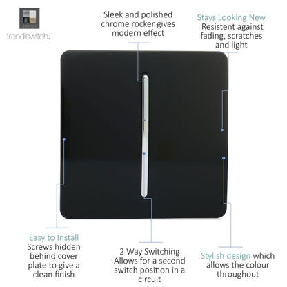 Trendi Switch 1 Gang 1 or 2 way Rocker Light Switch in Piano Black