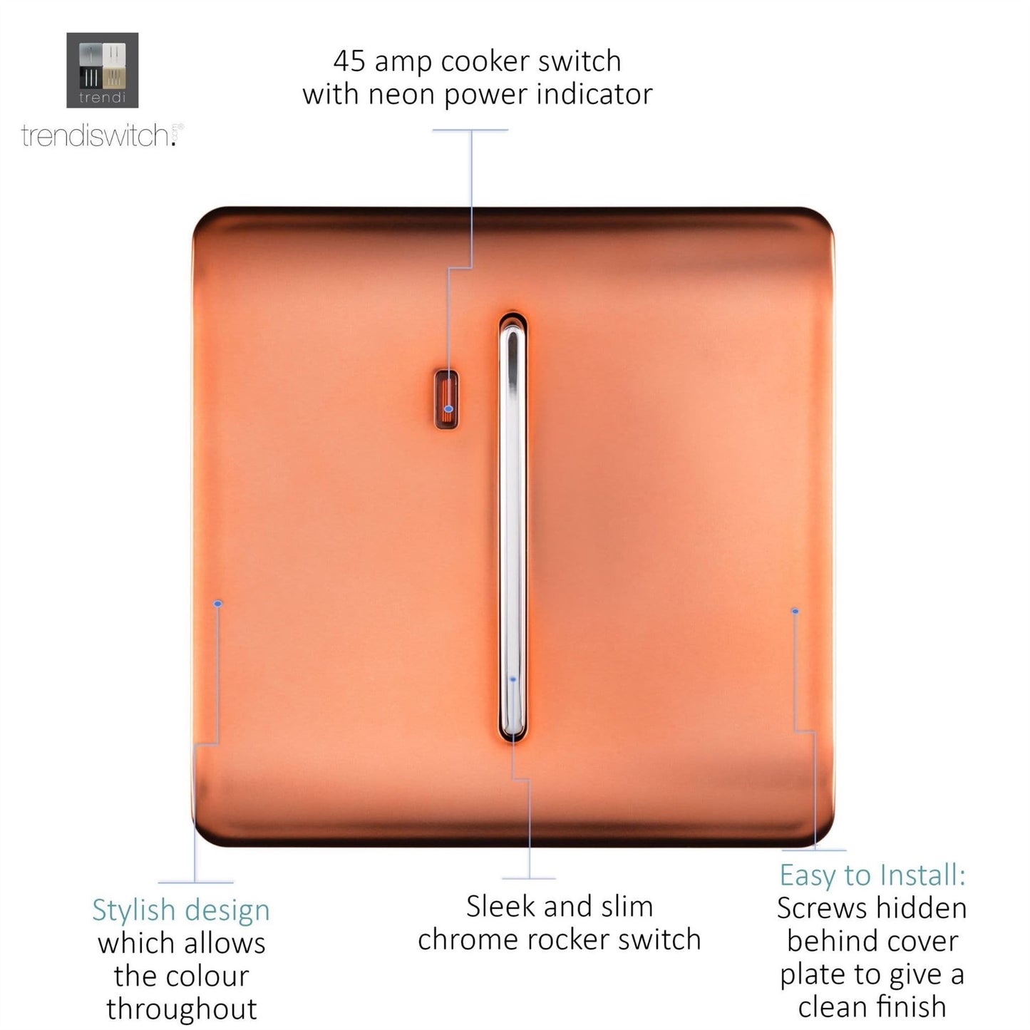 Trendi Switch 1 Gang 45 Amp Cooker Switch with Neonin Copper