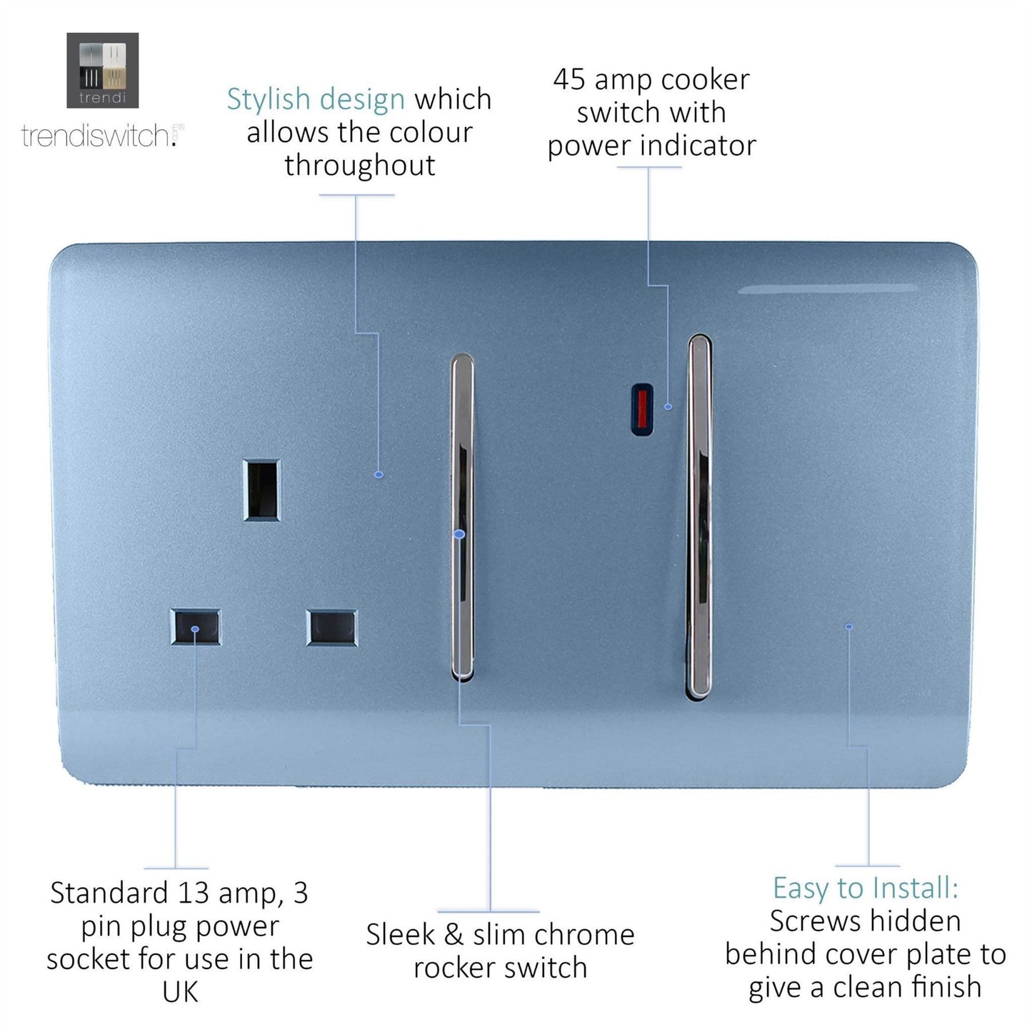 Trendi Switch 45 Amp Cooker Switch & 13 Amp Plug Socket with Neonin Sky Blue