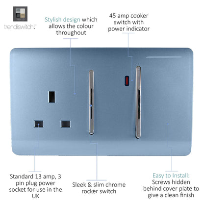 Trendi Switch 45 Amp Cooker Switch & 13 Amp Plug Socket with Neon in Sky Blue