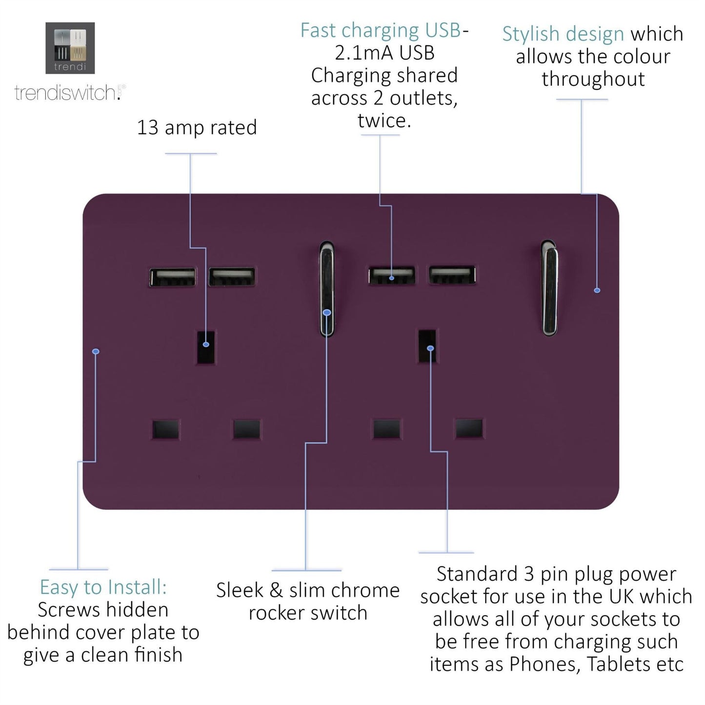 Trendi Switch 2 Gang 4 Port USB 2100mA Plug Socketin Plum Purple