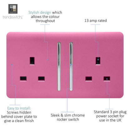 Trendi Switch 2 Gang Long Switched Plug Socket in Candy Pink