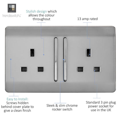 Trendi Switch 2 Gang Long Switched Plug Socket in Brushed Steel