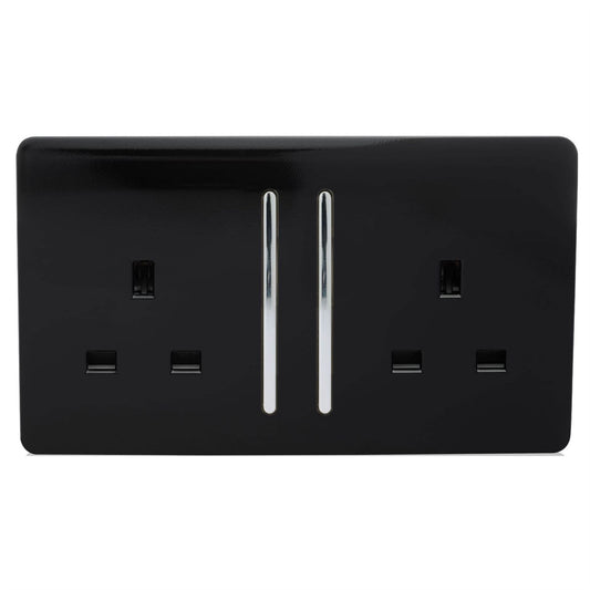 Trendi Switch 2 Gang Long Switched Plug Socketin Piano Black