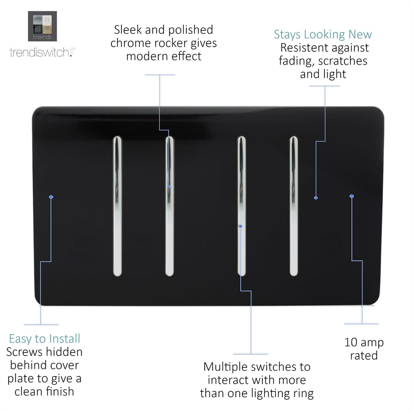 Trendi Switch 4 Gang Light Switch (3x 1 or 2 Way & 1 x Intermediate)in Piano Black