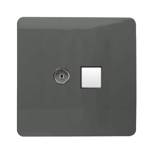 Trendi Switch 2 Gang TV Co-Axial & RJ45 Cat 6 Modern Designer PC Ethernet Socketsin Charcoal Grey