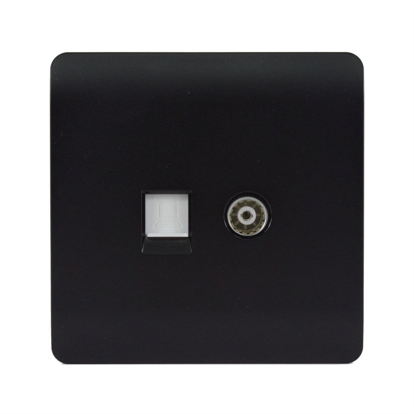 Trendi Switch 2 Gang TV Co-Axial & RJ45 Cat 6 Modern Designer PC Ethernet Socketsin Matt Black