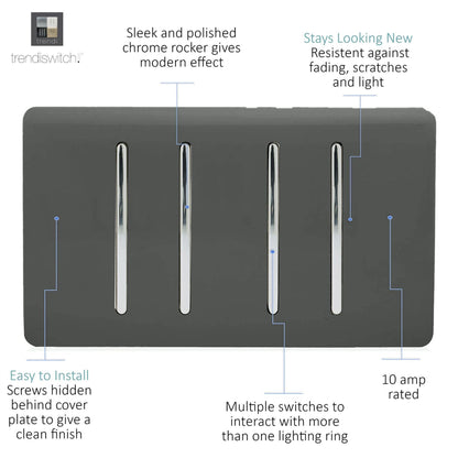 Trendi Switch 4 Gang Light Switch (3x 1 or 2 Way & 1 x Intermediate)in Charcoal Grey