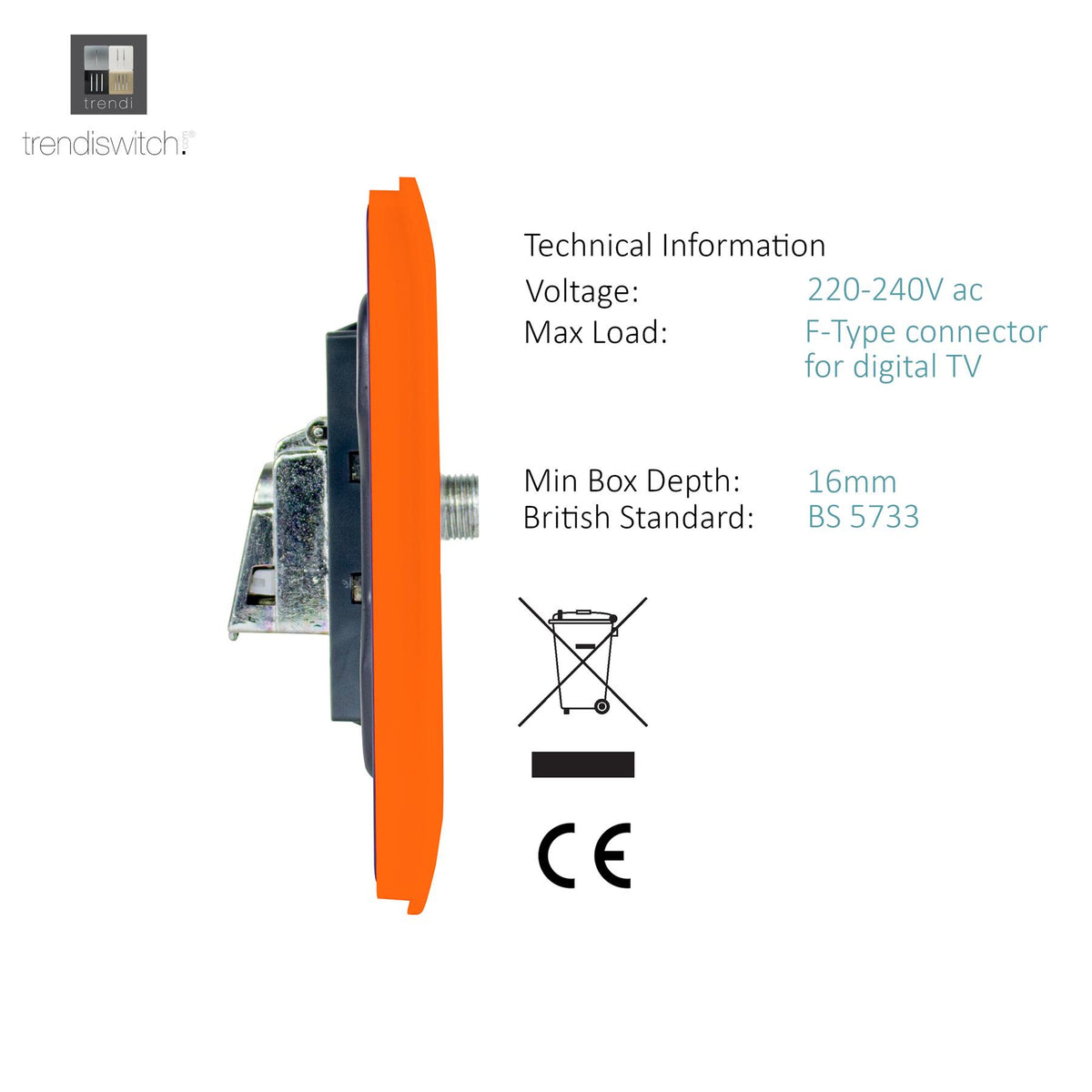 Trendi Switch TV Co-Axial & F-Type Satellite Socket in Sunset Orange