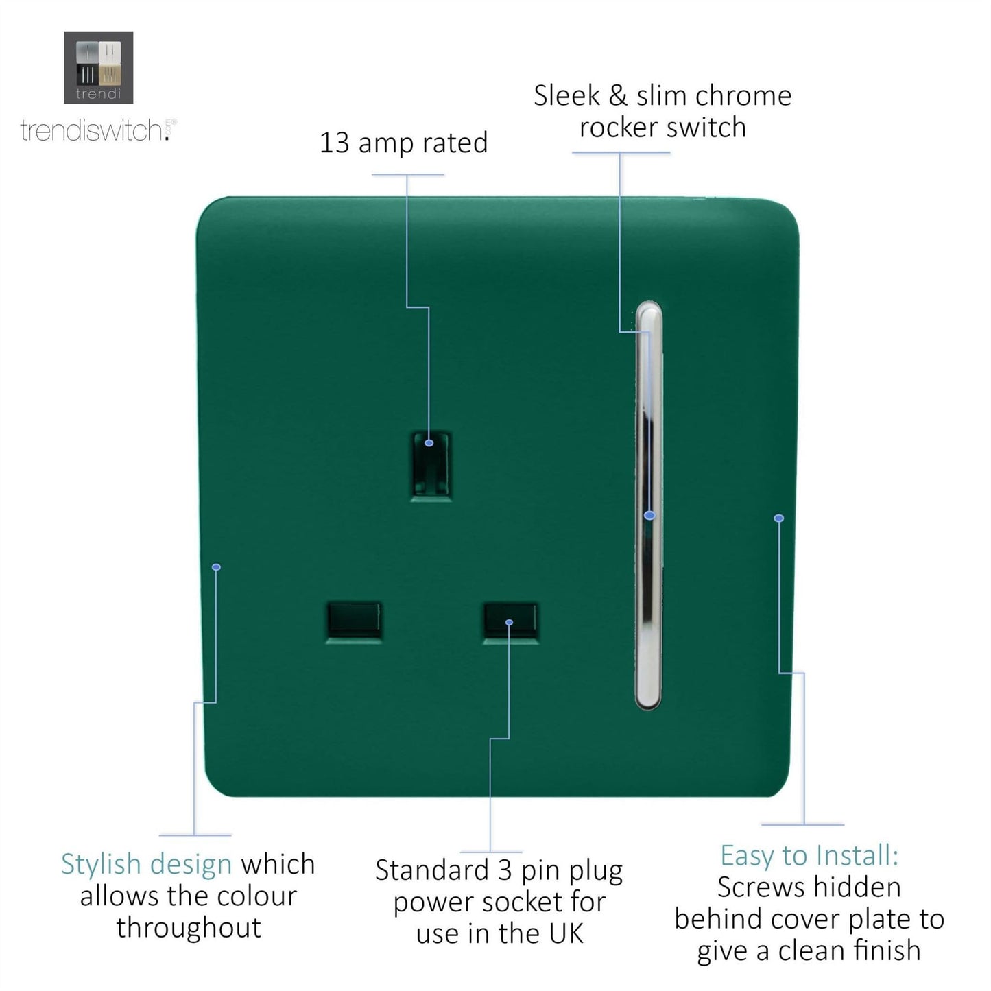 Trendi Switch 1 Gang 13 Amp Switched Plug Socketin Dark Forest Green