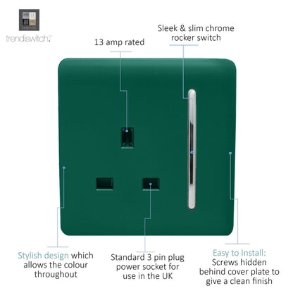 Trendi Switch 1 Gang 13 Amp Switched Plug Socket in Dark Forest Green