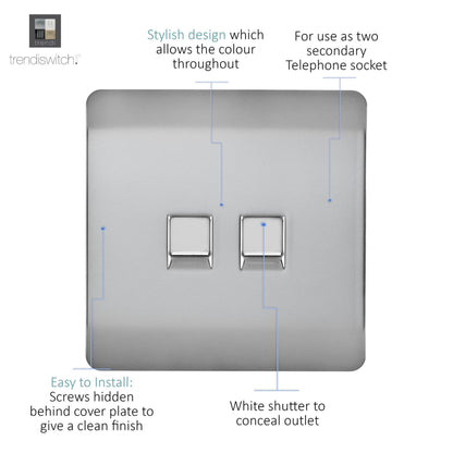 Trendi Switch 2 Gang Cat 3 Telephone Slave Socket in Brushed Steel