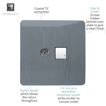 Trendi Switch 2 Gang Female TV Co-Axial & Telephone Slave Sockets in Warm Grey