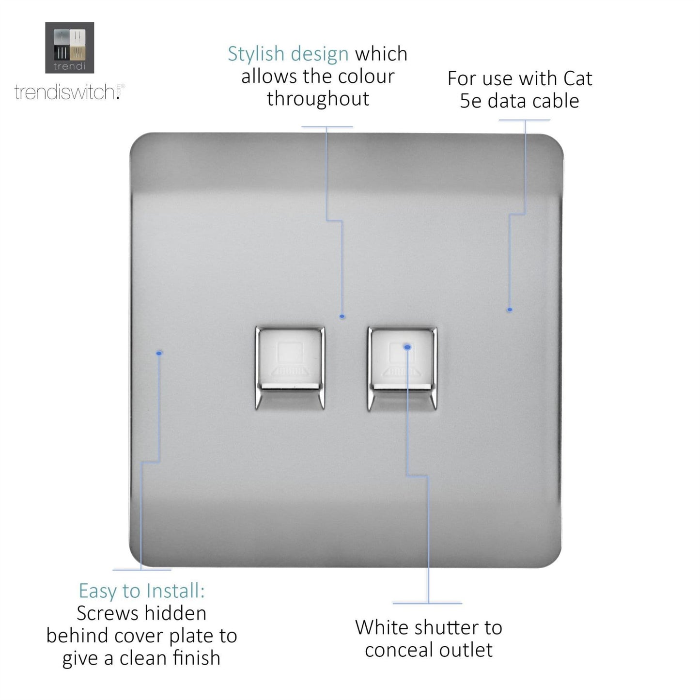 Trendi Switch 2 Gang RJ45 Cat 5e PC Ethernet Socketin Brushed Steel