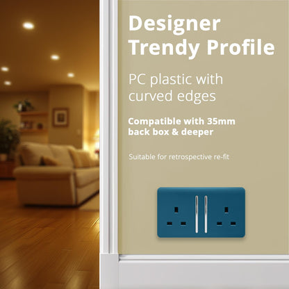 Trendi Switch 2 Gang Long Switched Plug Socket in Midnight Blue