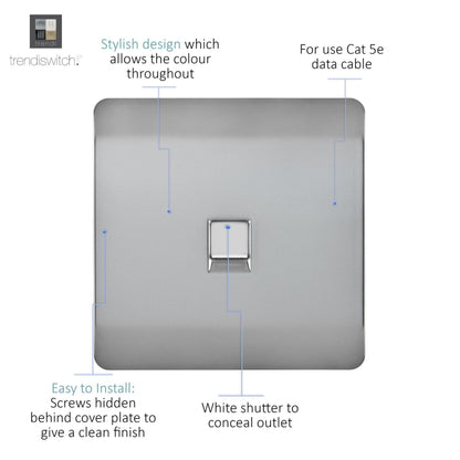 Trendi Switch 1 Gang RJ45 Cat 5e PC Ethernet Socket in Brushed Steel