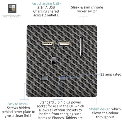 Trendi Switch 1 Gang USB 2100mA Plug Socket in Carbon Fibre