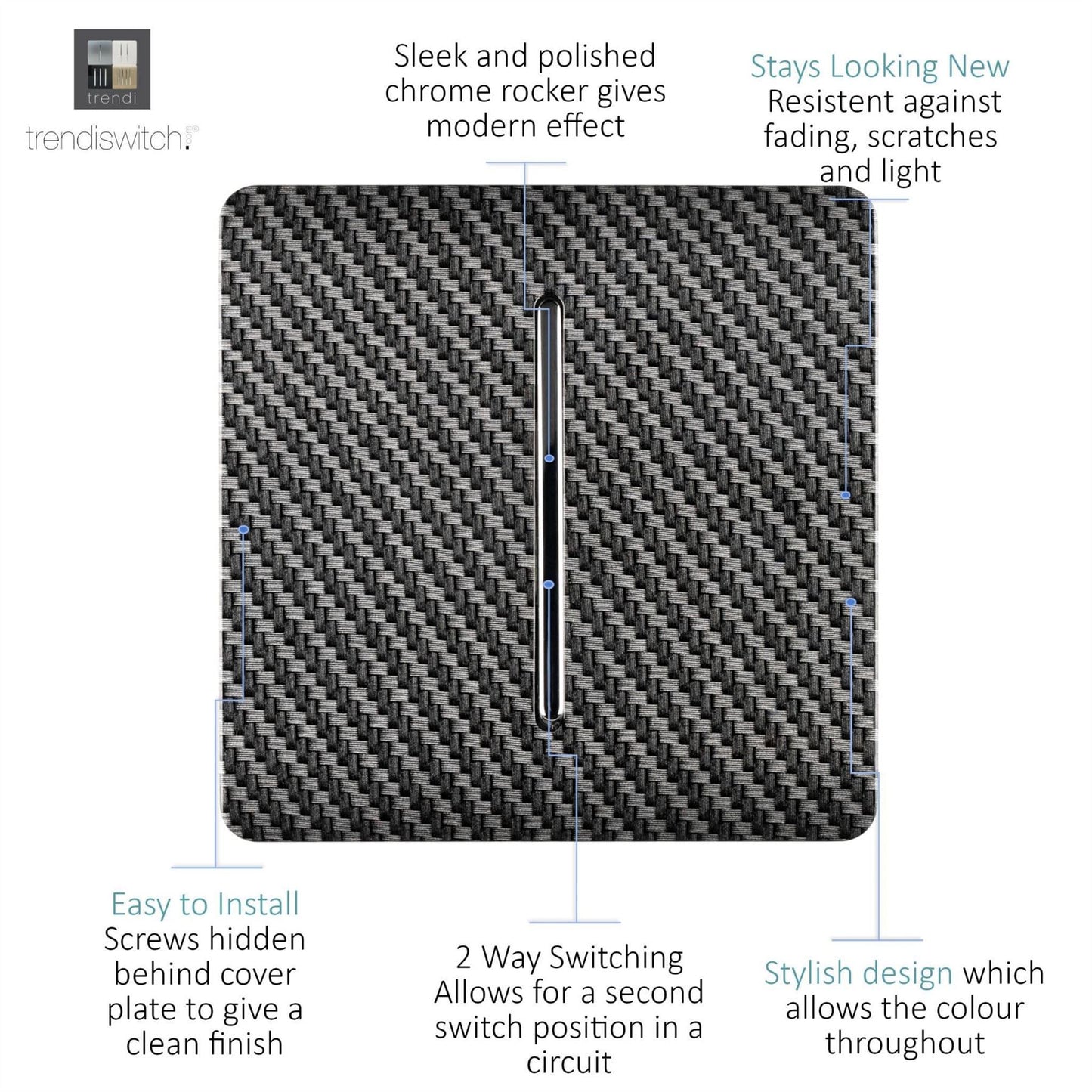 Trendi Switch 1 Gang 1 or 2 way Rocker Light Switchin Carbon Fibre