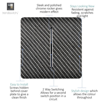 Trendi Switch 1 Gang 1 or 2 way Rocker Light Switch in Carbon Fibre