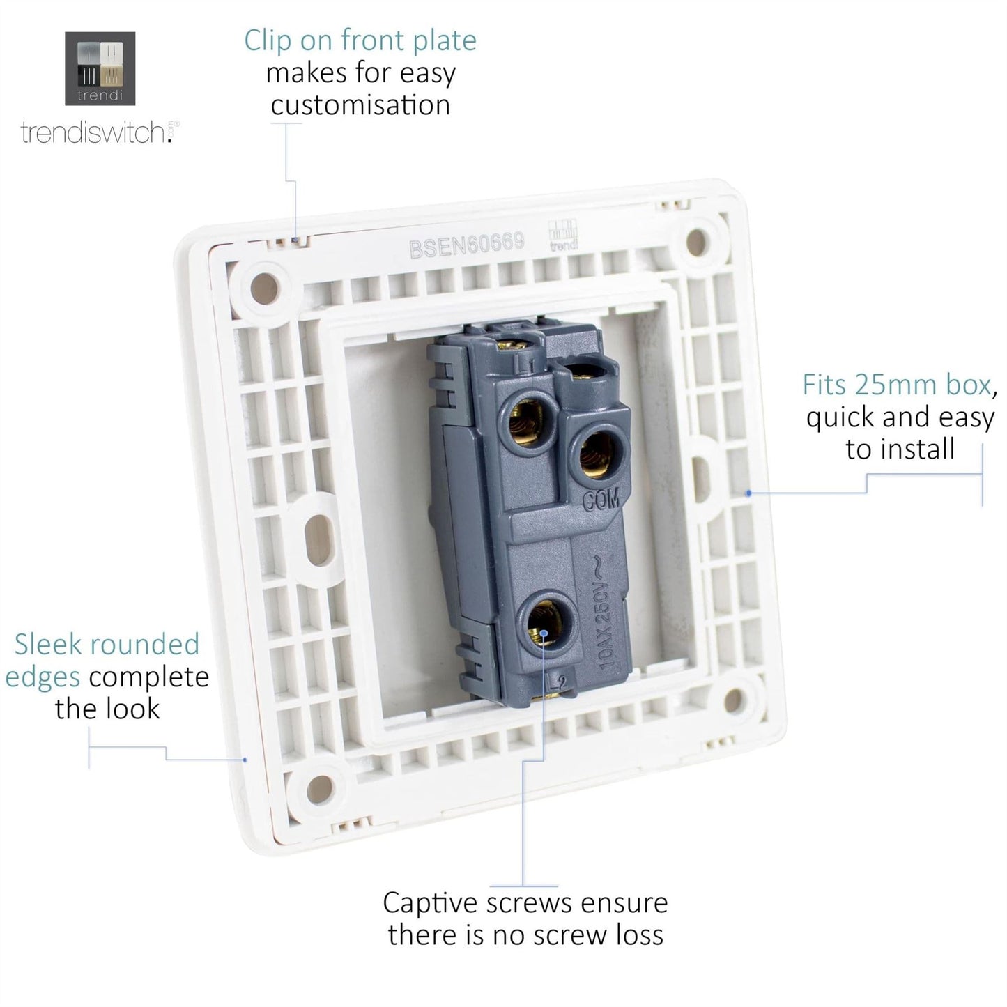 Trendi Switch 1 Gang 1 or 2 way Rocker Light Switch in Light Grey