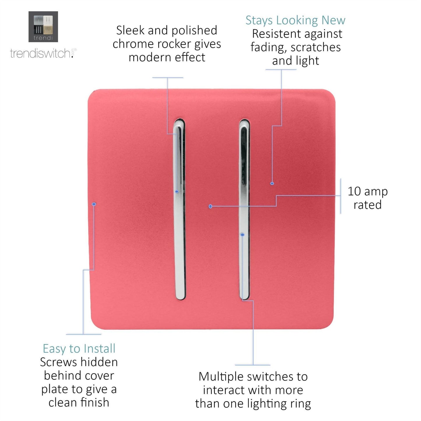 Trendi Switch 2 Gang Rocker Light Switch (1x 1 or 2 way & 1x Intermediate)in Strawberry Red