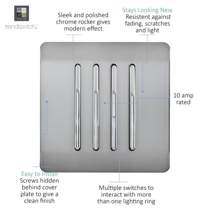Trendi Switch 4 Gang 1 or 2 way Rocker Light Switch in Brushed Steel