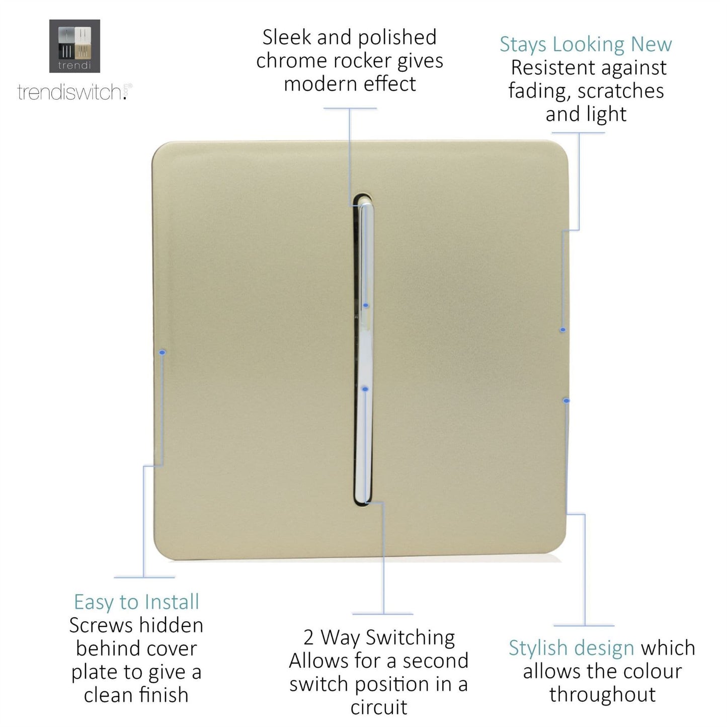 Trendi Switch 1 Gang 1 or 2 way Rocker Light Switchin Champagne Gold