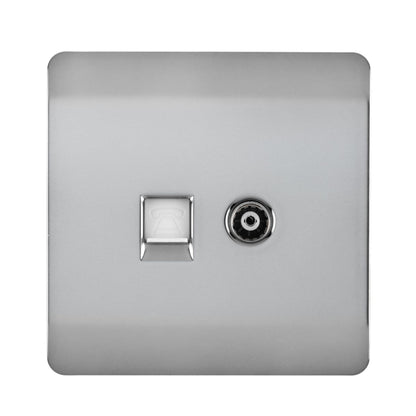 Trendi Switch 2 Gang Female TV Co-Axial & Telephone Slave Sockets in Brushed Steel