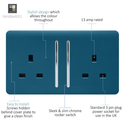 Trendi Switch 2 Gang Long Switched Plug Socket in Midnight Blue