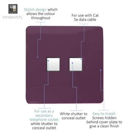 Trendi Switch 2 Gang RJ45 Cat 5e PC Ethernet & Telephone Slave Sockets in Plum Purple