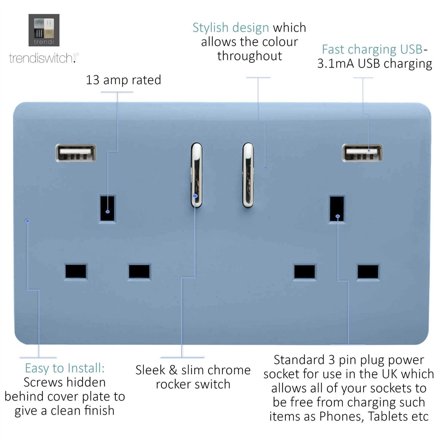 Trendi Switch 2 Gang USB 3100mA Plug Socketin Sky Blue