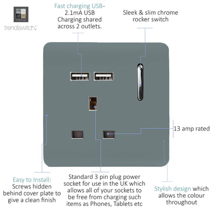 Trendi Switch 1 Gang USB 2100mA Plug Socket in Cool Grey