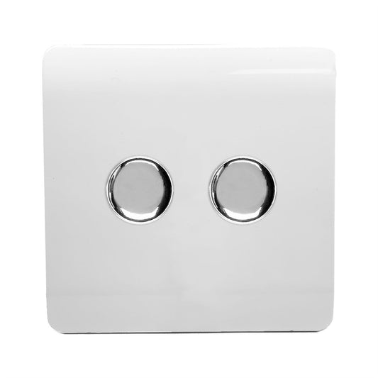 Trendi Switch 2 Gang 1 or 2 way 150w Rotary LED Dimmer Light Switchin Ice White