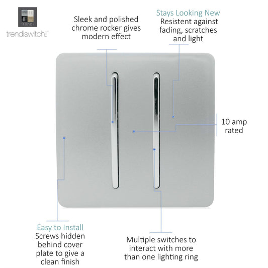 Trendi Switch 2 Gang 1 or 2 way Rocker Light Switch in Platinum Silver
