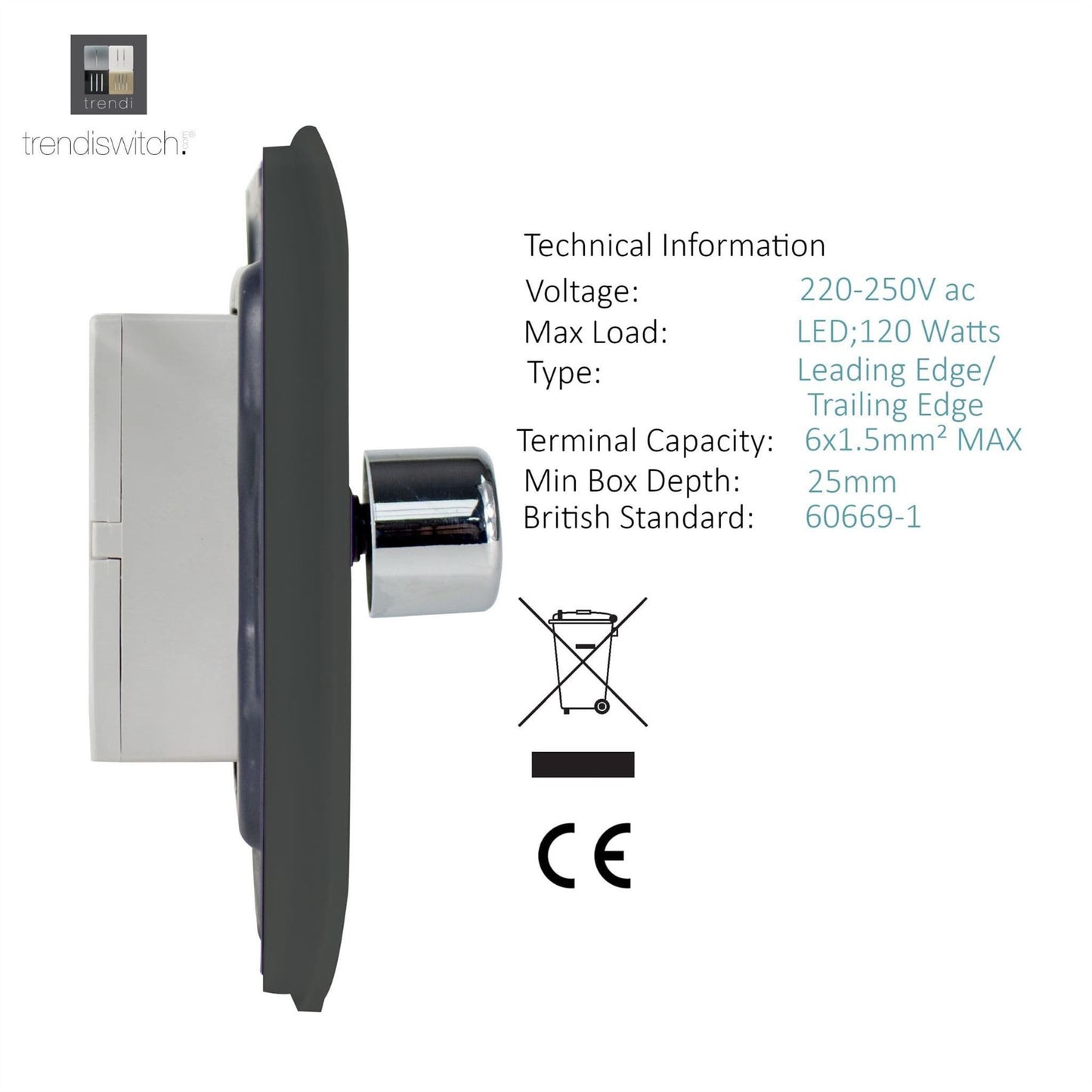 Trendi Switch 1 Gang 1 or 2 way 150w Rotary LED Dimmer Light Switchin Charcoal Grey