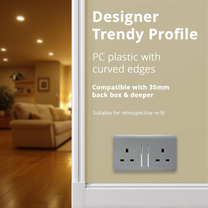 Trendi Switch 2 Gang Long Switched Plug Socket in Platinum Silver