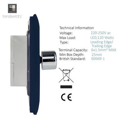 Trendi 1 Gang 2 Way 240V 100w LED Dimmer Screwless Raised Front Plate Plastic Artistic Modern Glossy 10 Amp Chrome Single Electrical Wall Light Switch in Navy - ART-LDMNV