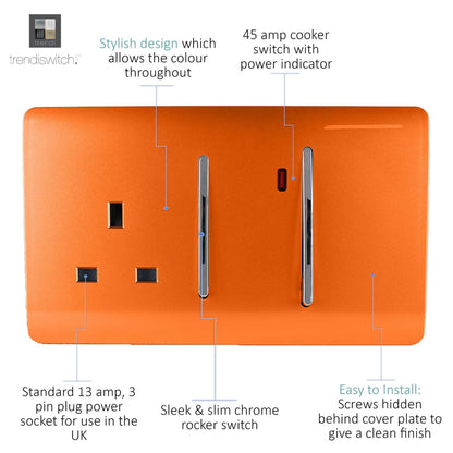 Trendi Switch 45 Amp Cooker Switch & 13 Amp Plug Socket with Neon in Sunset Orange