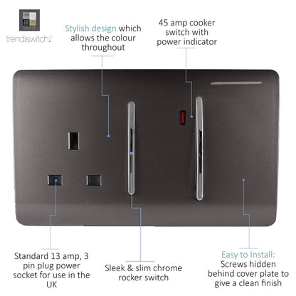 Trendi Switch 45 Amp Cooker Switch & 13 Amp Plug Socket with Neon in Dark Mocha Brown
