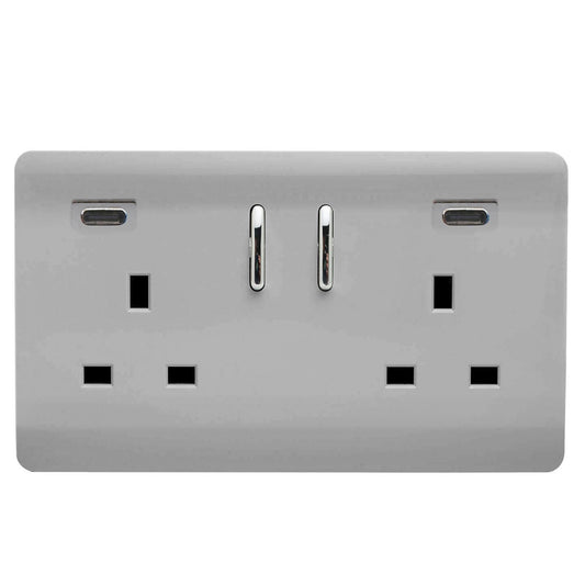 Trendi Switch 2 Gang USB 65W Type C USB Plug Socket in Brushed Steel