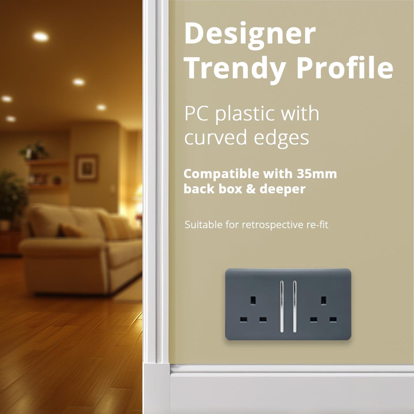Trendi Switch 2 Gang Long Switched Plug Socket in Warm Grey