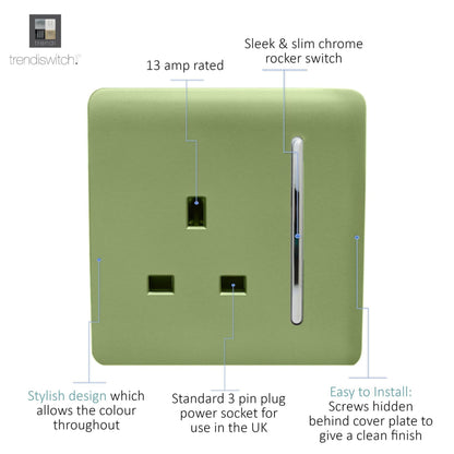 Trendi Switch 1 Gang 13 Amp Switched Plug Socket in Moss Green