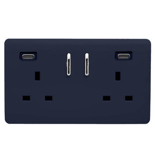 Trendi Switch 2 Gang USB 45W Type C USB Plug Socket in Navy Blue