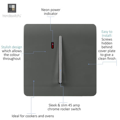 Trendi Switch 1 Gang 45 Amp Cooker Switch with Neon in Charcoal Grey