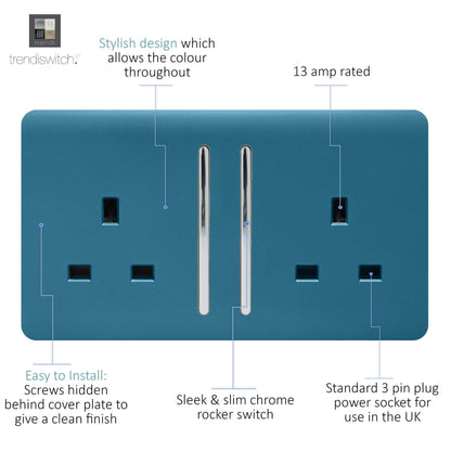 Trendi Switch 2 Gang Long Switched Plug Socket in Ocean Blue